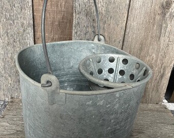 Vintage Galvanized Mop Bucket with Red Wooden Handle