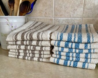 Classic stripe handwoven cotton boucle kitchen hand towel, modern farmhouse decor, neutral colours, cream, blue, brown