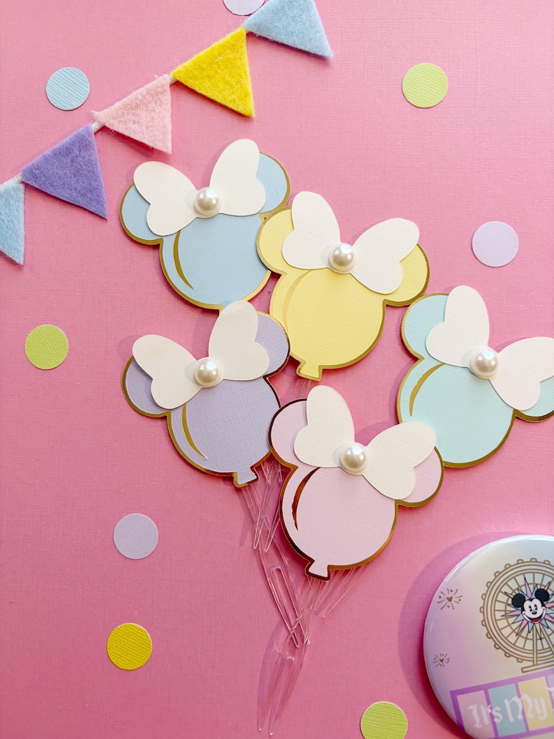 Mickey Magical Bow Mouse Head Balloon Cupcake Toppers Vintage Theme Park Birthday bild 1