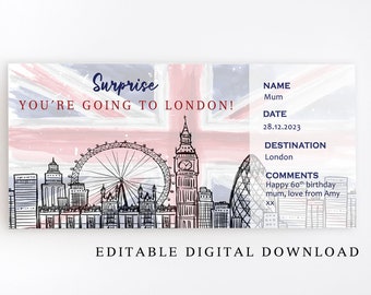 Printable London break trip ticket, Ticket, Surprise Gift, London ticket, Personalised Gift, Faux Ticket, Travel Ticket Template, Union Jack