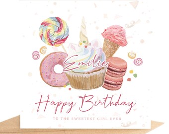 Personalised Watercolour Sweet Tooth Birthday Card, Customise with any name