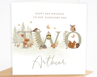 Personalised 2nd Birthday Card Son, Nephew, Grandson, Woodland 2 Birthday Card, Baby Boy Card