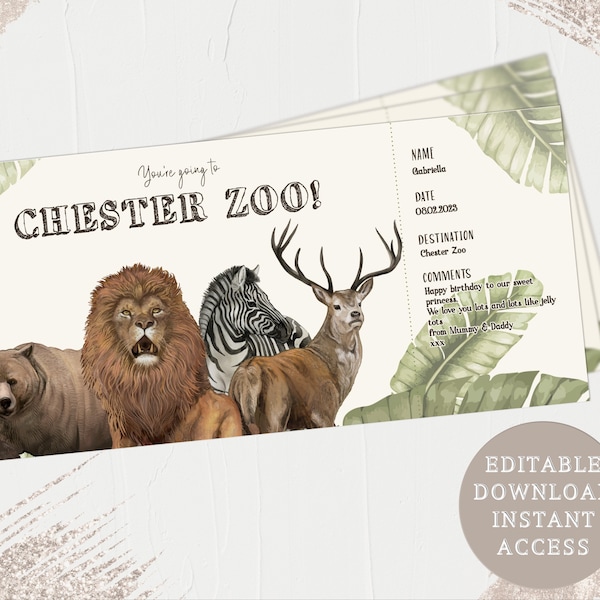 Printable Zoo Ticket, Safari trip, Surprise Gift, Boarding ticket, Personalised Gift, Faux Ticket ,Ticket Template,