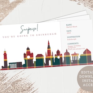 Billet imprimable pour les vacances d'Édimbourg, cadeau surprise, billet pour l'Écosse, cadeau personnalisé, faux billet, modèle de billet, escapade en ville, carte d'embarquement