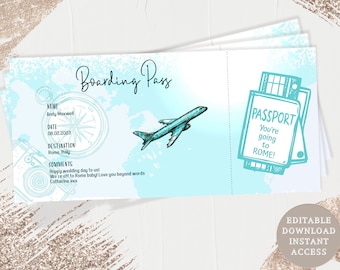 Peut inclure: Une carte d'embarquement imprimable bleue et blanche avec une illustration de passeport et le texte "You're going to ROME!" La carte d'embarquement a une boussole, un avion et le texte "Boarding Pass".
