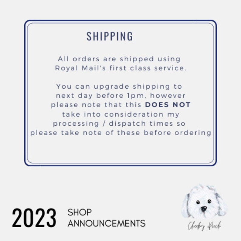 Pu&ograve; includere: Una casella di testo blu e bianca con l'intestazione "SHIPPING" e informazioni sulle opzioni di spedizione e sui tempi di elaborazione. La casella di testo &egrave; su uno sfondo bianco con una grafica di annuncio del negozio 2023 in basso.
