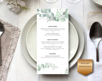 EMILY - Botanical Wedding Menu, Watercolour wedding Menu, Wedding Menu tempate, Eucalyptus wedding, Instant download, Printable template
