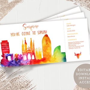Barcelona, Bordkarte, Überraschungsreise, druckbare Bordkarte, personalisiertes Geschenk, künstliche Bordkarte, Bordkartenvorlage