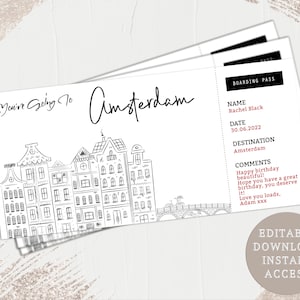 Billet imprimable pour un séjour à Amsterdam, cadeau surprise, billet de ferry, cadeau personnalisé, faux billet, modèle de billet, escapade en ville, carte d'embarquement