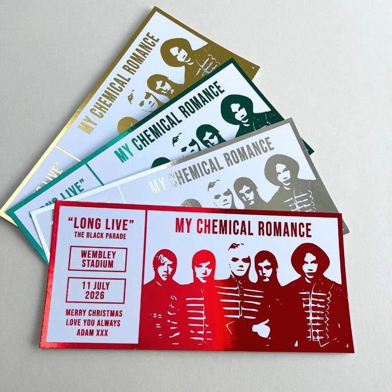 May include: A collection of concert tickets with the text "MY CHEMICAL ROMANCE" and band member silhouettes. The tickets are in various colors, including red, gold, green, and silver, with the date "11 JULY 2026" visible.