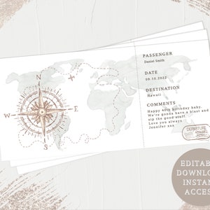 Billet d'avion à imprimer, cadeau surprise, billet d'embarquement, cadeau personnalisé, faux billet, modèle de billet, carte, aventure, carte d'embarquement