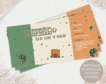 Printable Dublin break Ticket, Ireland Surprise Gift, Personalised Gift, Faux Ticket, Ticket Template, City Break, Boarding Pass