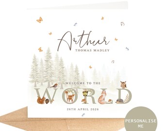 Personalised Woodland Theme New Baby Card