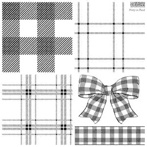 May include: A set of four black and white plaid patterns, including a large square, a smaller square, a horizontal stripe, and a bow. The patterns are perfect for crafting and scrapbooking.