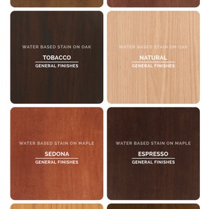 May include: A wood stain color chart with six different wood stain colors. The colors are Provincial, Brown Mahogany, Tobacco, Natural, Sedona, Espresso, Pecan, and Tobacco. The chart is labeled "Water Based Stain on Maple" and "Water Based Stain on Oak".