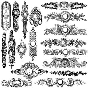 May include: A collection of vintage black and white illustrations of ornate door hardware, including keyholes, knobs, and decorative elements. These designs are perfect for crafting, scrapbooking, or adding a touch of vintage charm to your projects.