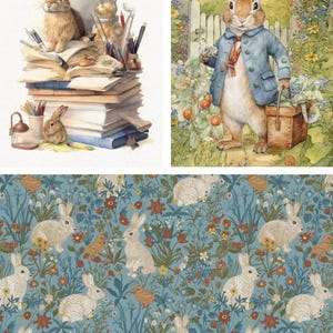 May include: A collage of three images featuring rabbits. The top left image shows a brown rabbit sitting on a stack of books with writing utensils and a lamp. The top right image shows a brown rabbit wearing a blue jacket and holding a basket. The bottom image shows a repeating pattern of white rabbits and flowers on a blue background.