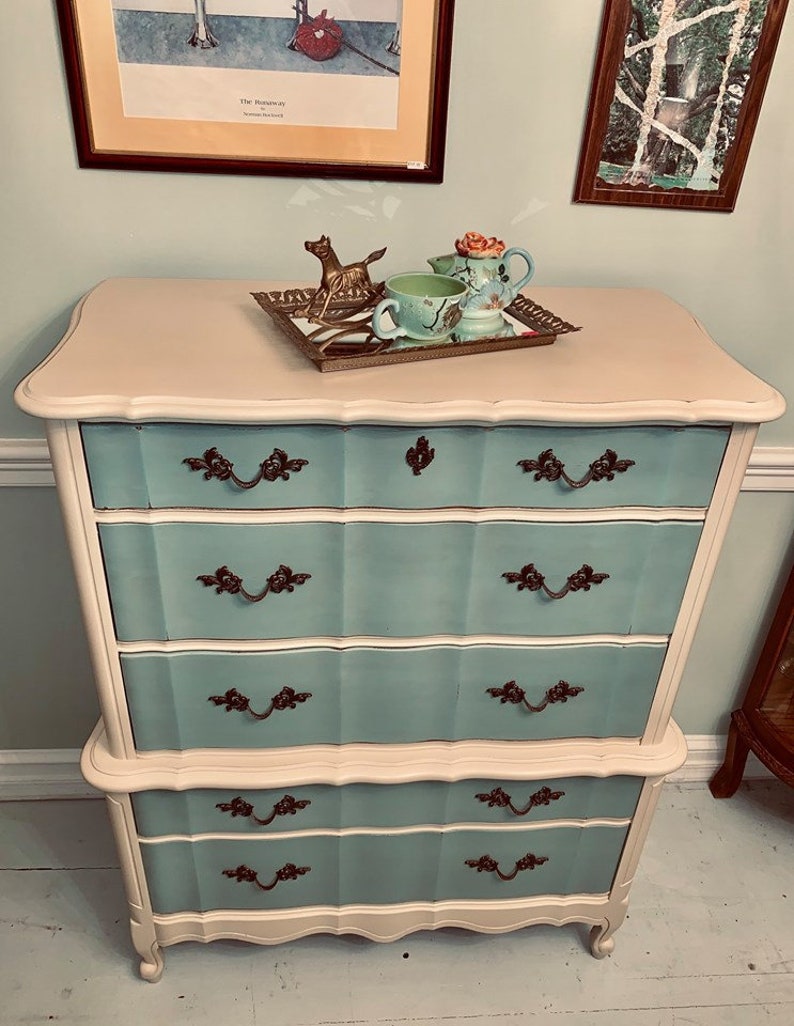 French Provincial Robin S Egg Blue Highboy Dresser Chest Etsy