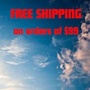 May include: A blue sky with white clouds and the text "FREE SHIPPING on orders of $99" in red.