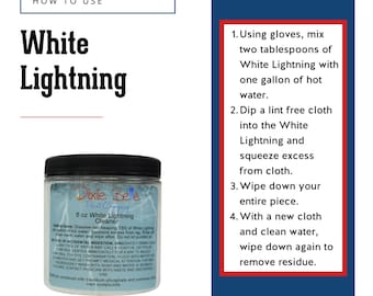 May include: A white plastic jar with a blue label that says "Dixie Belle Paint Company" and "8 oz White Lightning Cleaner". The label also includes instructions for using the cleaner, which is a powerful cleaner for removing paint, varnish, and other finishes.