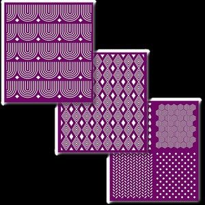 May include: A collection of purple stencils with white geometric patterns. Designs include arched lines, diamond shapes, and various other repeating patterns. The stencils are arranged in a layered composition against a black background.