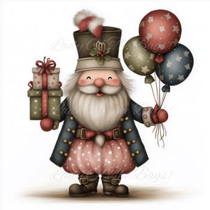 Puede incluir: Ilustración caprichosa de una figura parecida a Papá Noel sosteniendo regalos y globos. La figura lleva un abrigo azul oscuro con botones dorados, una falda rosa con lunares y un sombrero alto con una pluma. Tres globos con estrellas.