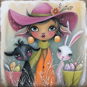 May include: A whimsical illustration features a girl wearing a pink hat, orange coat, and yellow scarf, flanked by a black lamb and a white bunny. The lamb and bunny are next to pots with Easter eggs and grass. The artwork has a soft, pastel colour palette.
