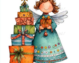 Grillige kerstengelkunst, afdrukbaar voor scrapbooking (digitale download)