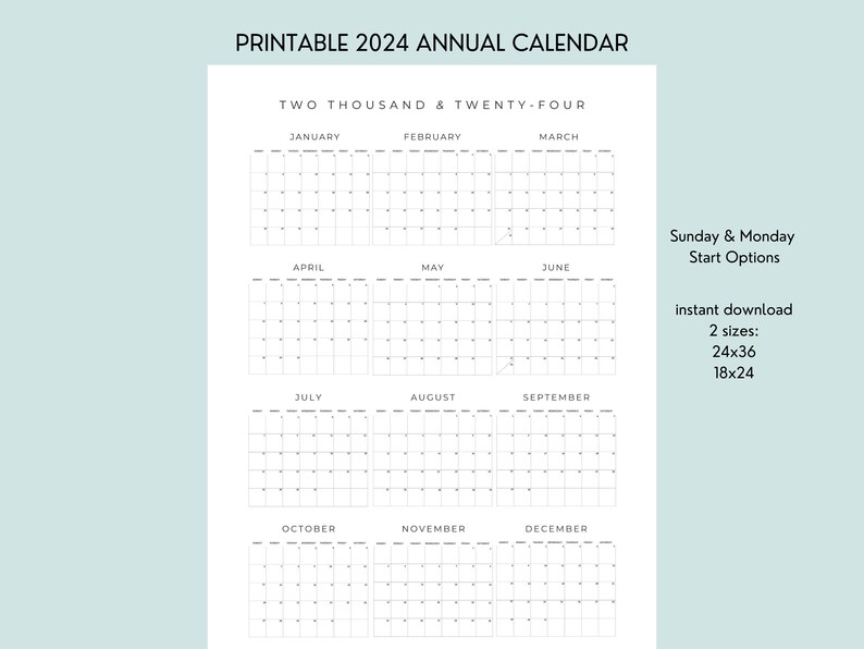 2024 Wall Calendar Printable Annual Calendar 24x36 Printable Wall