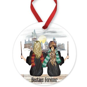 Personalized Wizard Girl or Guy Besties with Pets Christmas Ornament,  Fan Portrait, Valentines Gift, Best Friends Gift, Sisters, Cousins