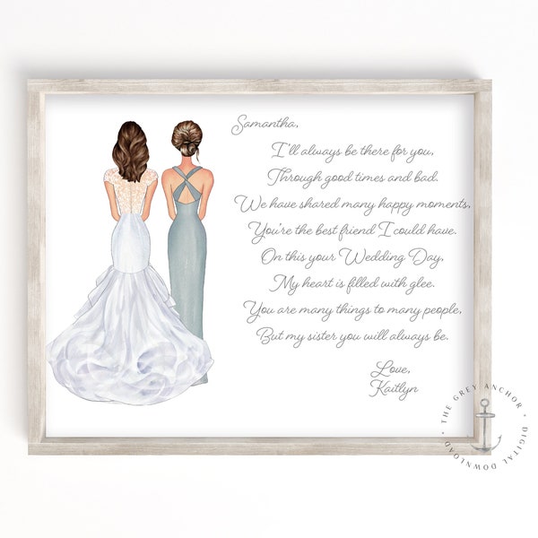 Personalized Sister of the Bride Wedding Day Portrait Gift, Digital Download, Custom Illustration for Sisters, Gift for Sister on Wedding