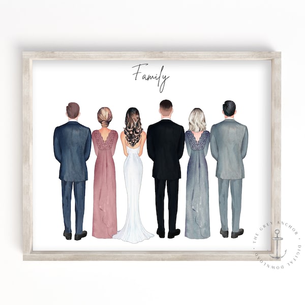 Wedding Family Digital Download Illustration,  Parent Print, Customized Wedding Print, Custom Wedding Illustration, Printable Portrait