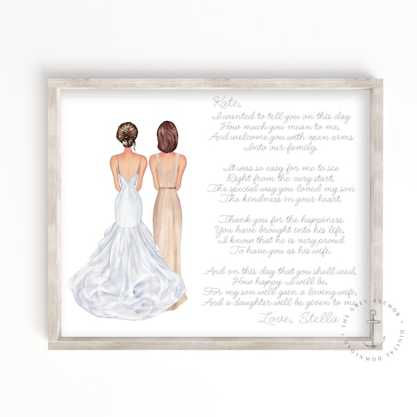 Personalized Daughter in Law Wedding Portrait Gift from Mother in Law on Wedding Day, Custom Bride Gift on Wedding Day Illustration