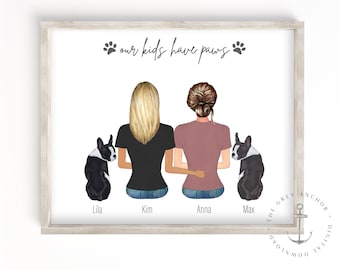 Personalized Pet Family Portrait for Lesbian Couple, Personalized Gift for Same Sex Couple, Engagement or Anniversary Gift, Birthday for Her