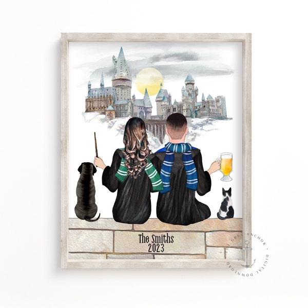 Personalized Wizard Couple Digital Download Portrait Illustration, Custom Fan Portrait, Engagement Gift for Halloween, Wall Art