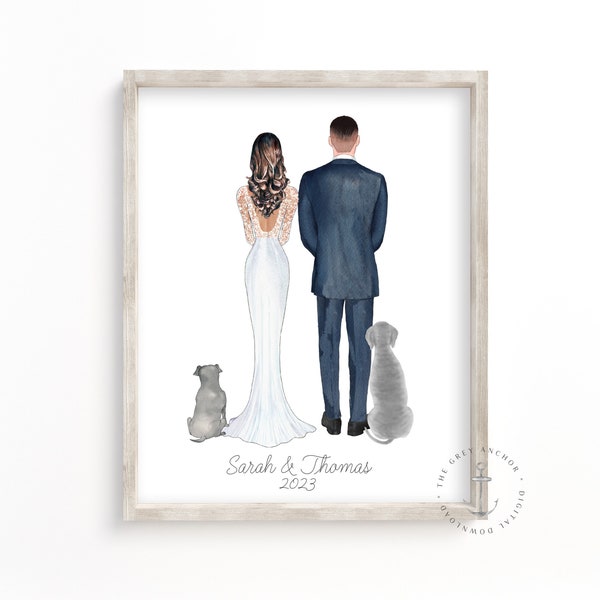 Personalized Wedding Day Portrait, Bride and Groom Illustration with Pets, Custom Wedding, Anniversary & Engagement Gift, Wedding Decor, Dog