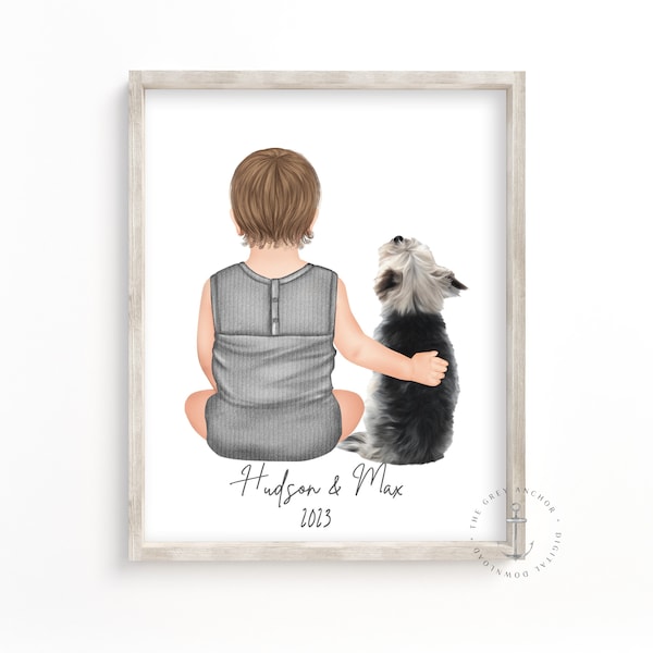 Baby and Dog Printable Portrait, Digital Download Illustration, Child and Dog, Dog Best Friend Gift, Pet and Child Portrait, Wall Art
