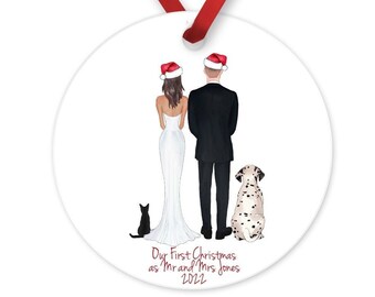 Our First Christmas as Mr and Mrs Ornament with Pets, Wedding & Bridal Shower Gift, Newlywed Gift Idea, 1st Christmas Married, Anniversary