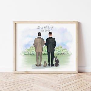 Cadeau portrait du futur mari du mariage avec des animaux de compagnie, téléchargement numérique