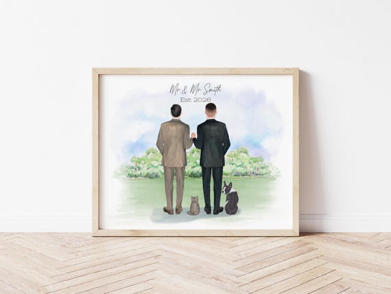 Husbands to Be Wedding Day Portrait Gift with Pets, Digital Download