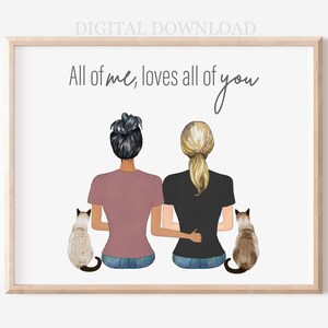 Personalized Gift for Lesbian Couple, Family Portrait with Pets, Custom Wall Art, Custom Family Print with Dog and Cat Pets, Engaged