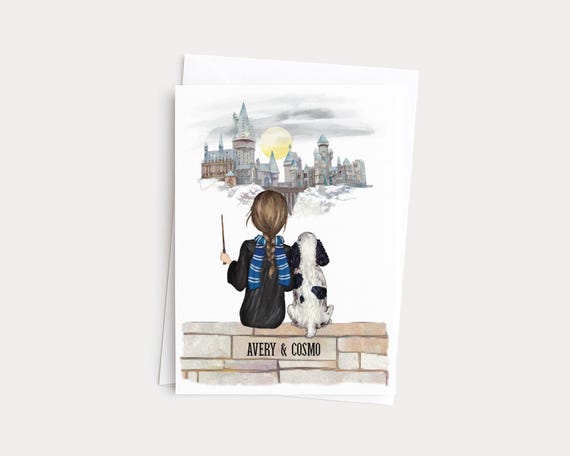 Wizard Kid and Pet Greeting Card • Custom Portrait • Personalized Illustration
