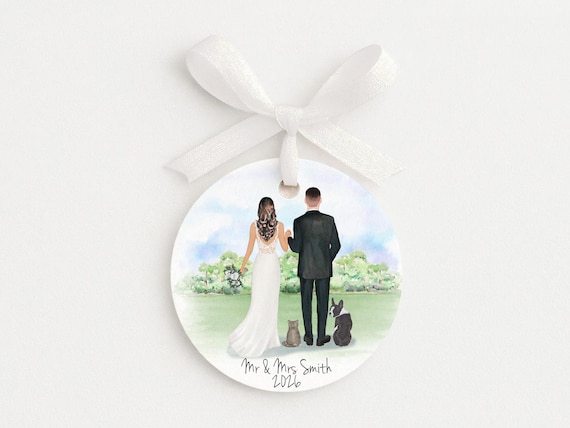 Custom Wedding Portrait Ornament With Pets, Gifts for the Couple