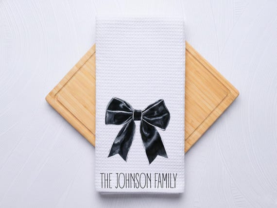 Coquette Bow Dish Towel Personalized Black Christmas for Kitchen and Bath