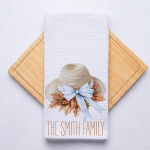 Fall Straw Hat Personalized Coastal Hand Towel for Kitchen and Bathroom