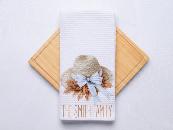 Fall Straw Hat Personalized Coastal Hand Towel for Kitchen and Bathroom