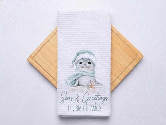 Winter Seal Coastal Christmas Hand Towel for Nautical Kitchen & Bathroom