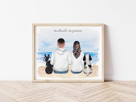 Coastal Beach Portrait Custom Couples Portrait with Pets, Digital Download