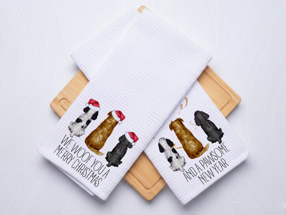 We Woof You A Merry Christmas Custom Pet Portrait Waffle Weave Kitchen Towel