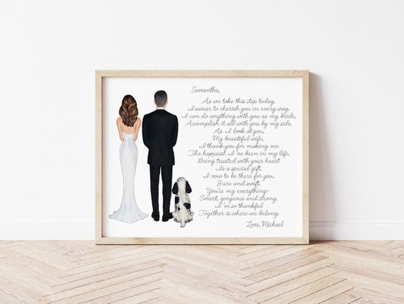 Bride and Groom Personalized Wedding Portrait with Pets: Custom Illustration (Digital Download)